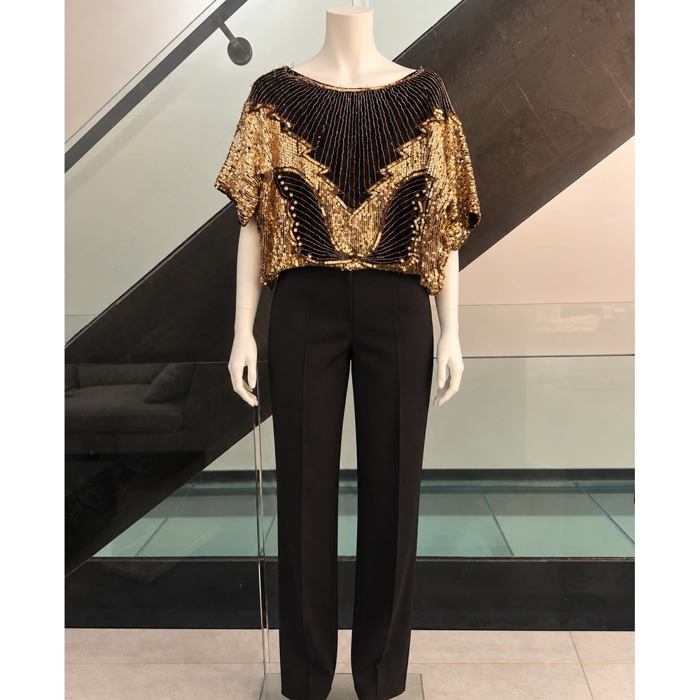 Vintage Silk Gold Sequin Beaded Crop Top Art Deco Black Gold Made in India Large